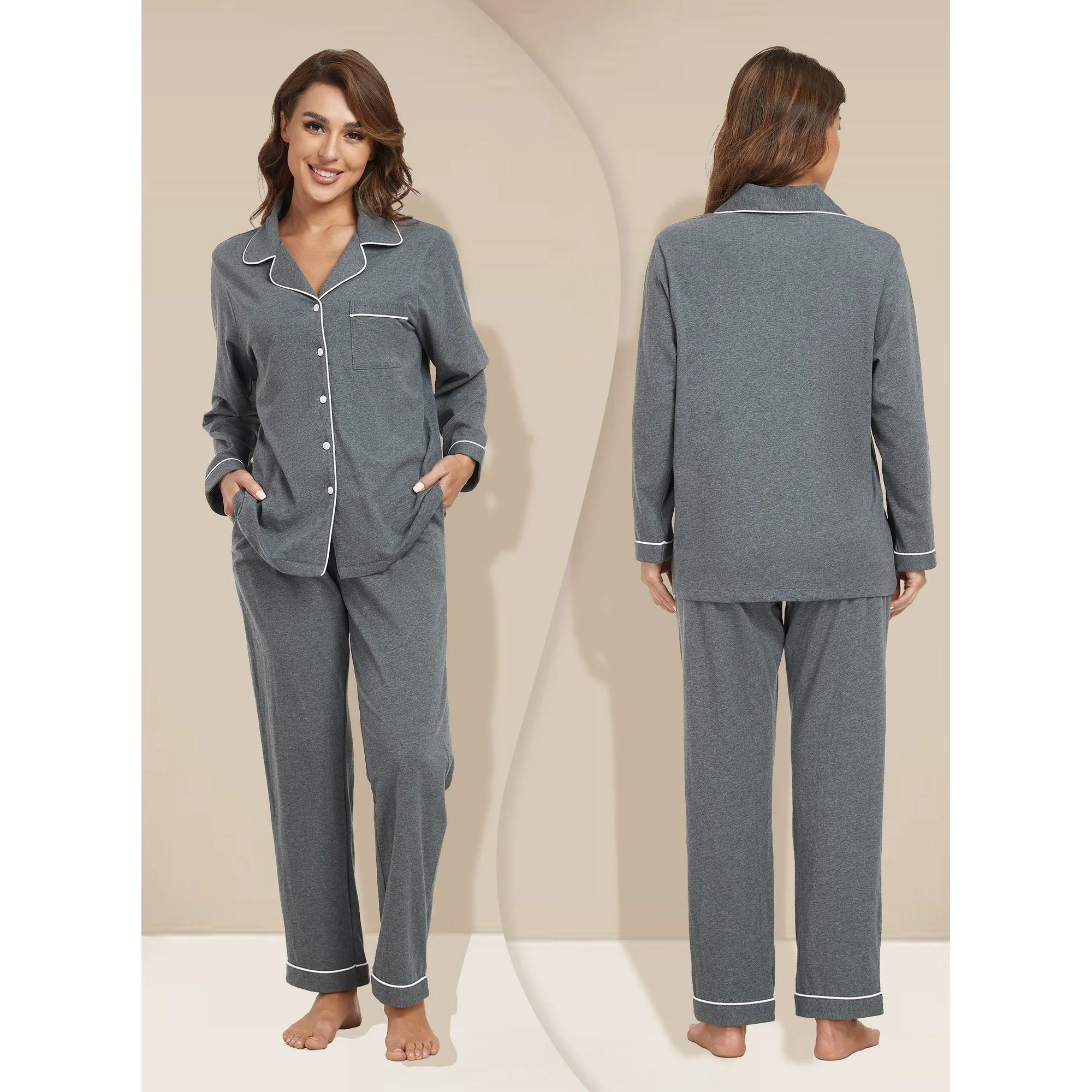 EA'S SECRET Womens 100% Cotton Pajama Sets Long Sleeve Sleepwear Soft Button Down Loungewear Nightwear Pjs Set with Pocket S-XXL(Deep Grey,M) - Image 2