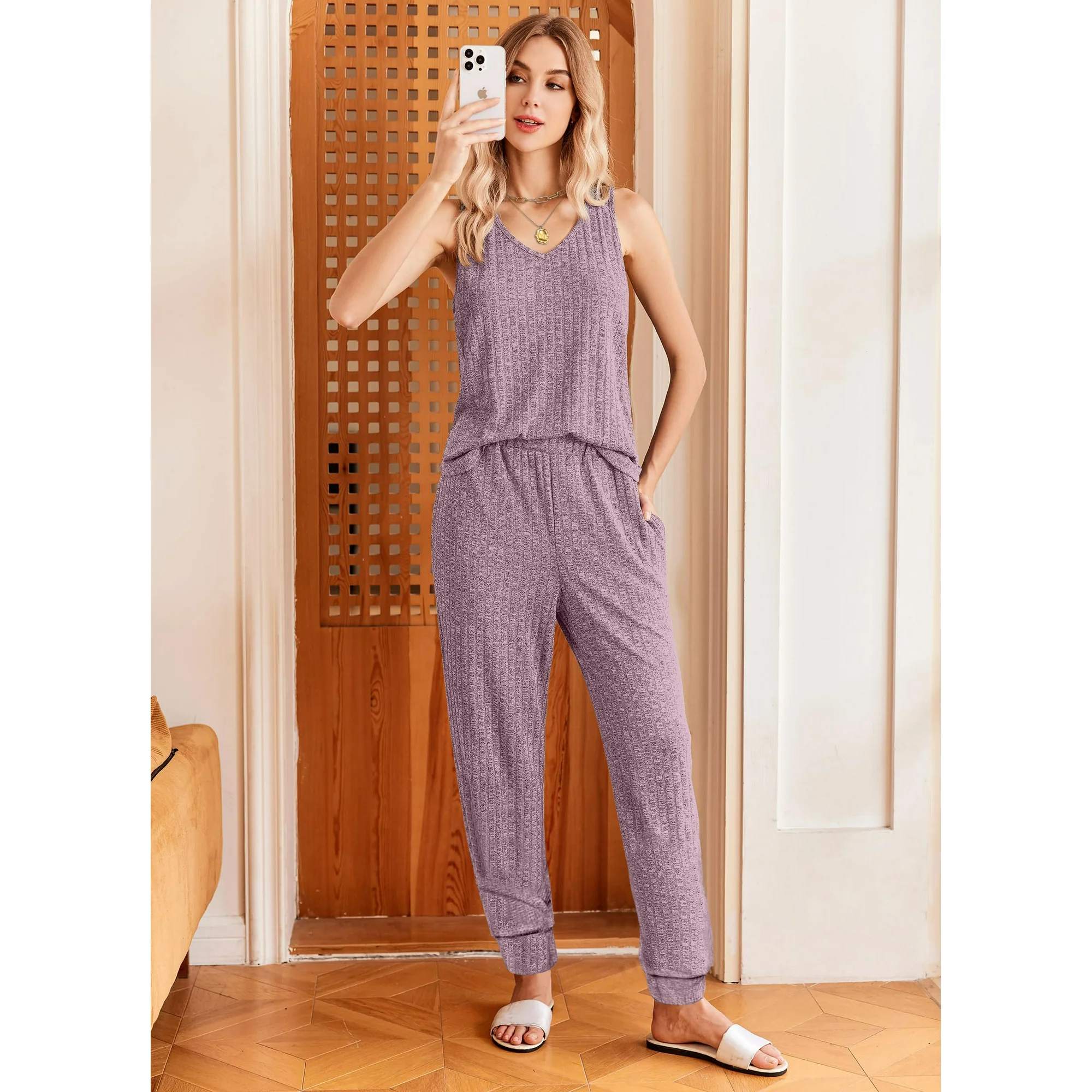 Fantaslook Womens Pajamas Sets V Neck Tank Tops and Long Pants Two Piece Lounge Sets Summer Oufits Loungewear