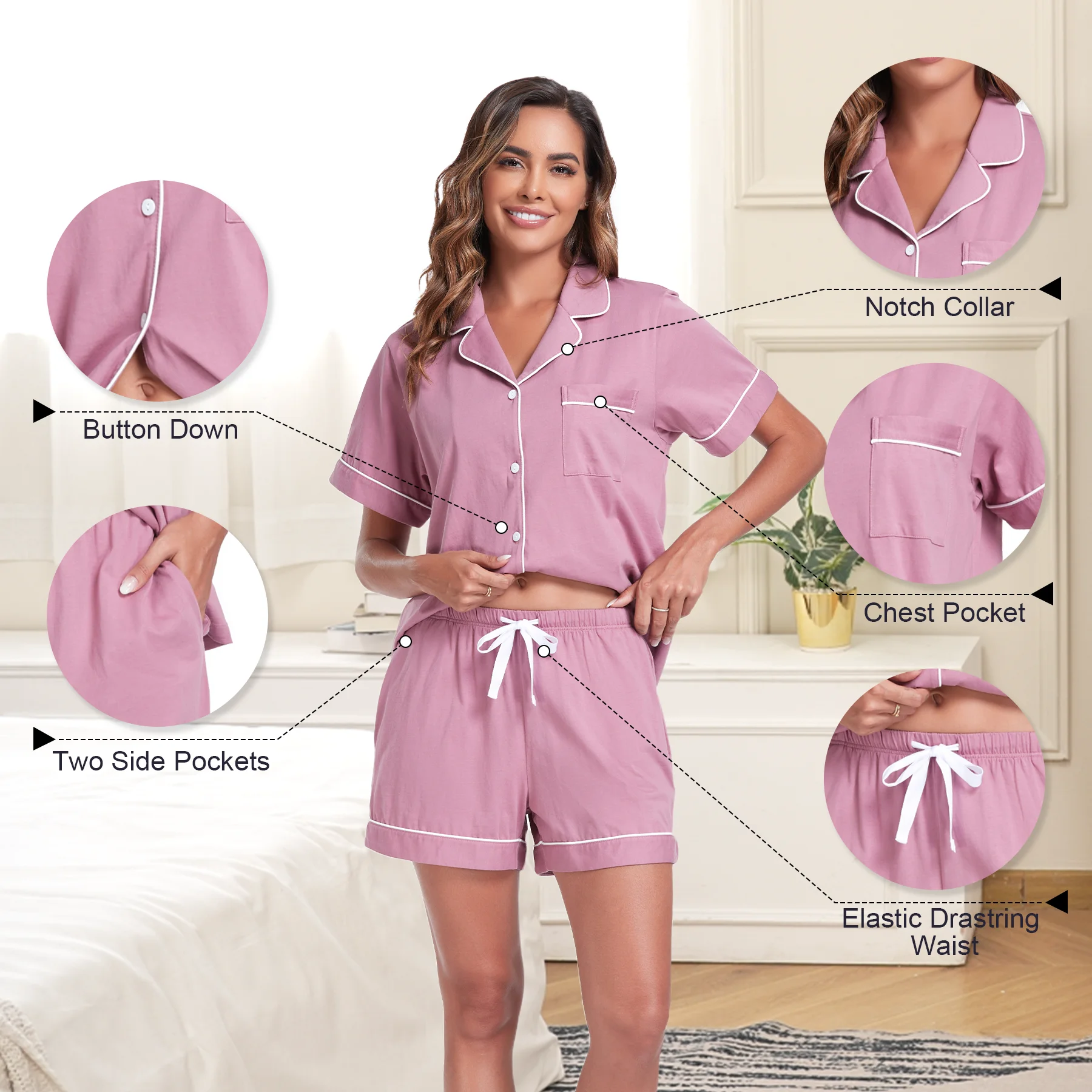 EA'S SECRET 100% Cotton Womens Pajamas Set 2 Piece Pj Shorts Sleepwear Bridal Pajama for Women Loungewear Set Short Sleeve Shorts Button Down Summer Pjs Set with Pockets(Dust Rose,M)