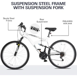 Hykolity 26 inch Mountain Bike MTB Outdoor Bicycle Cycling 18 Speed Trail Sport Off-Road Bikes Full Suspension for Adult Men Unisex White