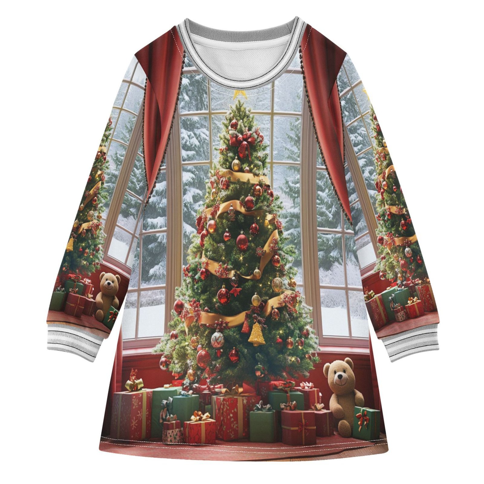 YAZAOO Little Girls Long Sleeved Hoodie A Dresses Christmas Tree with Gifts Classical Creative Pattern