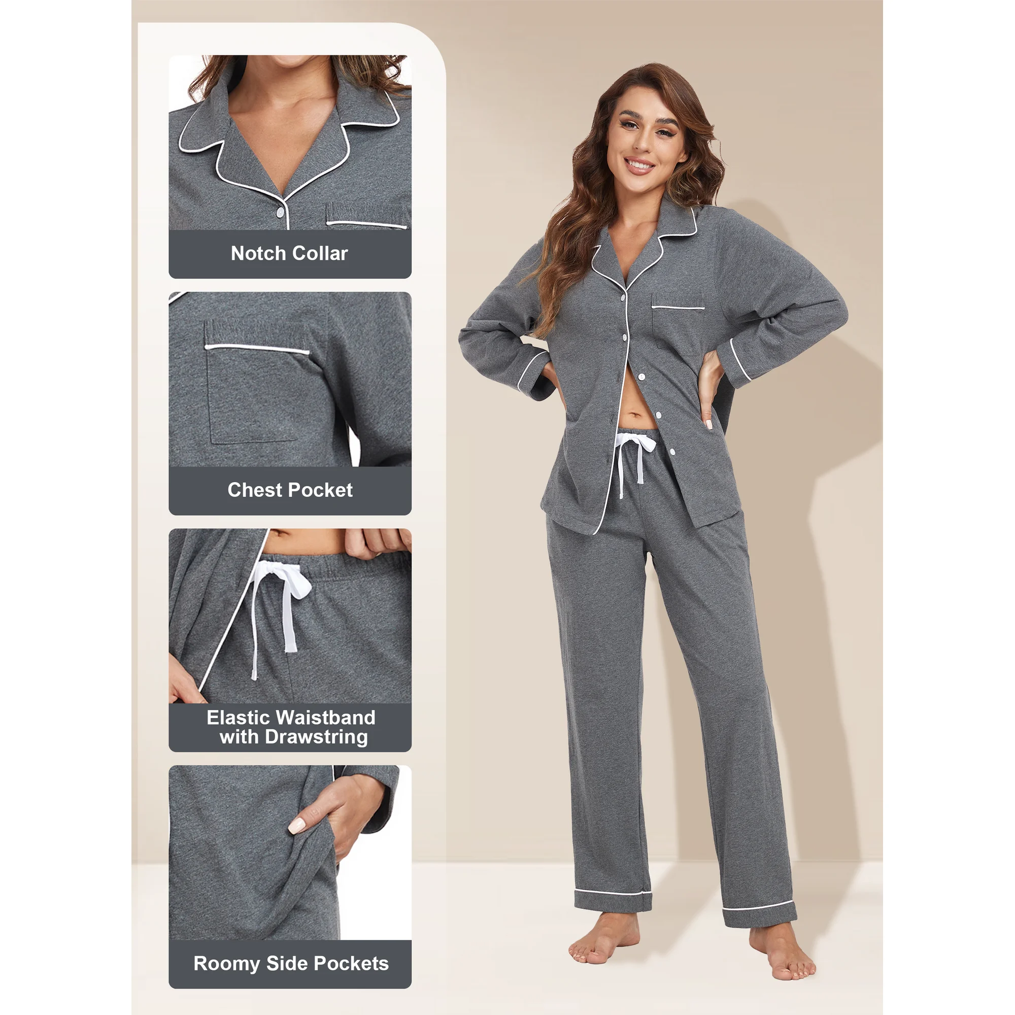EA'S SECRET Womens 100% Cotton Pajama Sets Long Sleeve Sleepwear Soft Button Down Loungewear Nightwear Pjs Set with Pocket S-XXL(Deep Grey,M)