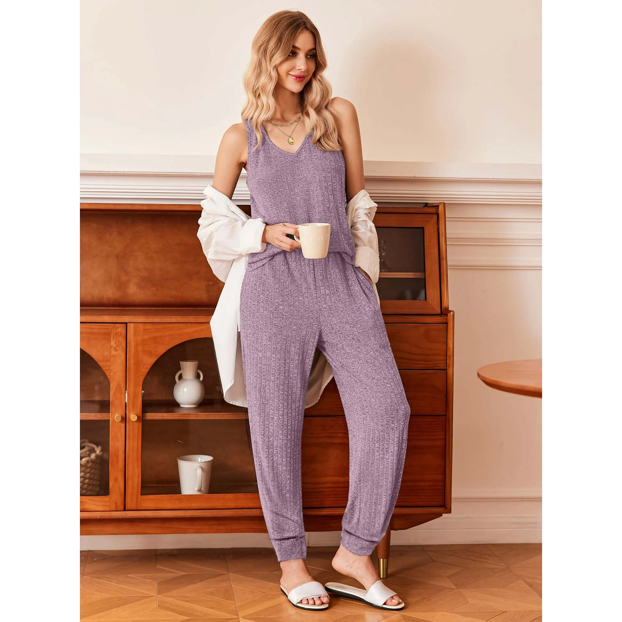 Fantaslook Womens Pajamas Sets V Neck Tank Tops and Long Pants Two Piece Lounge Sets Summer Oufits Loungewear - Image 4