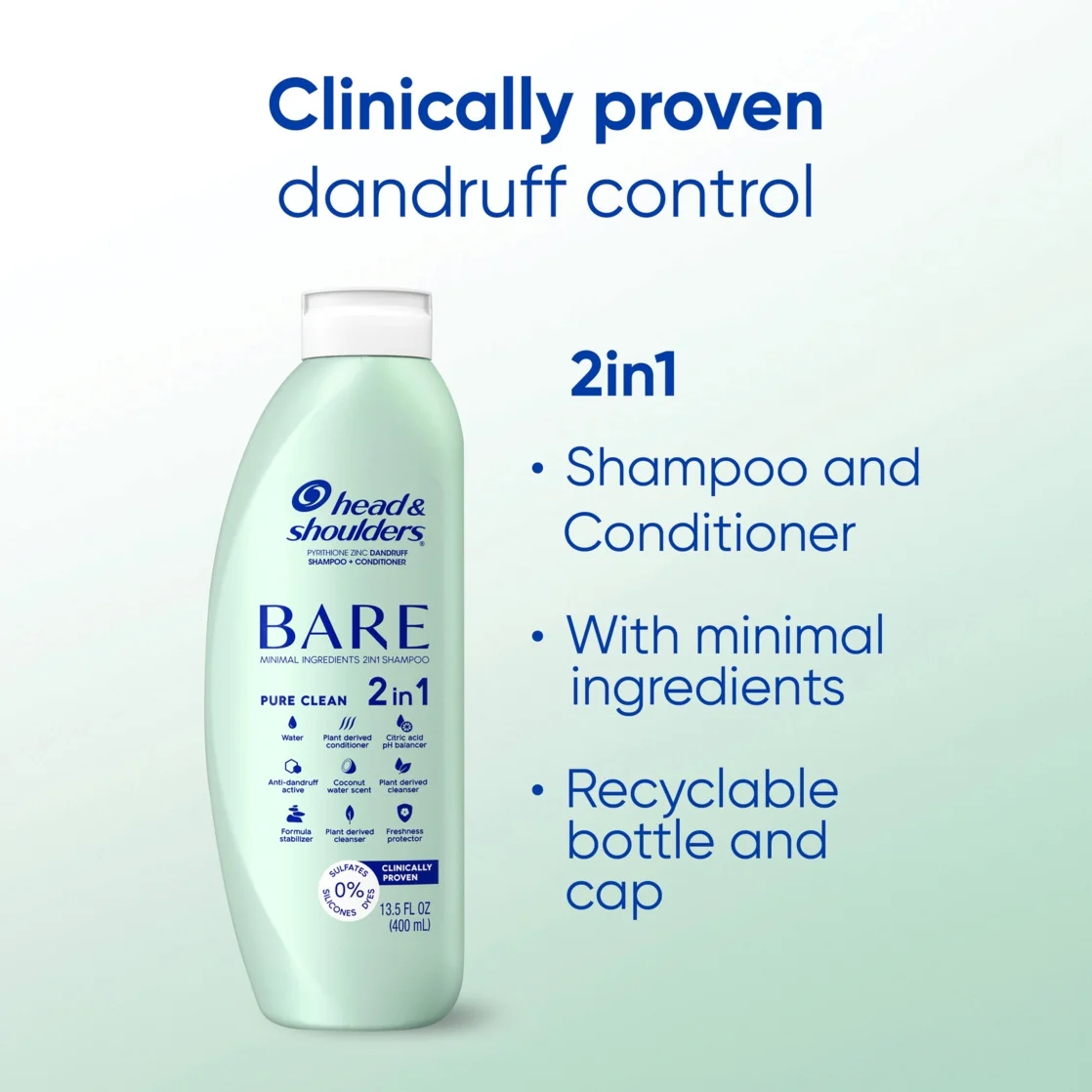 Head and Shoulders Bare Pure Clean 2in1 Dandruff Shampoo and Conditioner, 13.5 FL OZ - Image 7