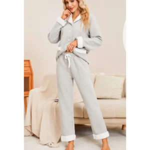 U2SKIIN Womens Pajama Sets, Button-Down Soft Quilted Fabric Cotton Long Sleeve Sleepwear,(Light Grey Mel,M)